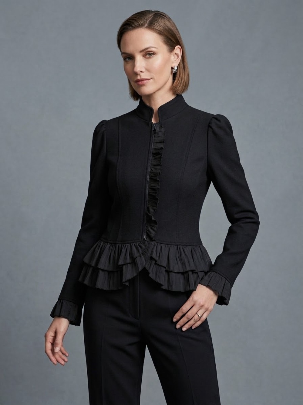 ELLE Black Ruffle Peplum Zip Front Jacket Mandarin Collar